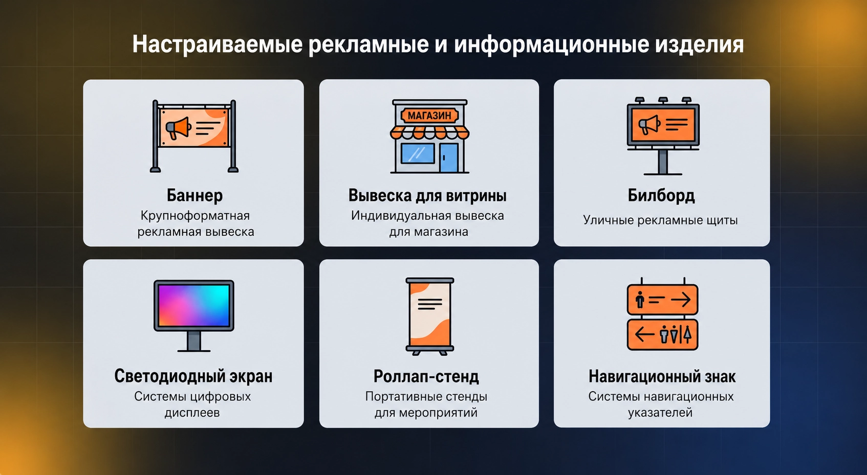 Конфигурируемые вывески и дисплеи - баннер, вывеска магазина, билборд, LED-экран, ролл-ап, навигационная вывеска